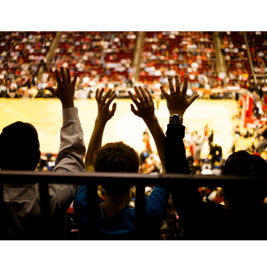 three people with their hands raised at a loud basketball game